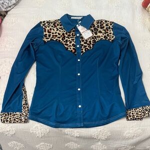 Leopard Print and Blue Button Down Rodeo Shirt